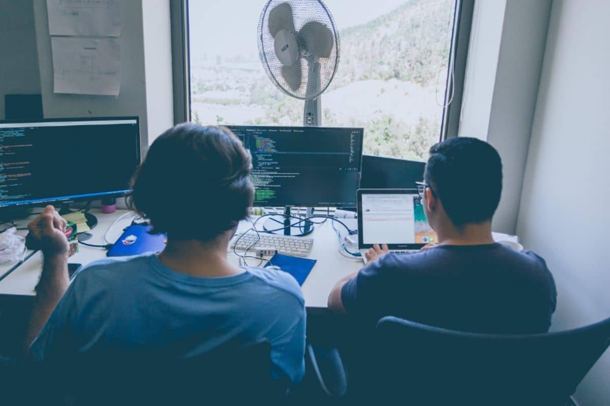 Two male data scientists using programming languages to code.