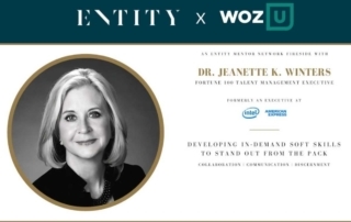 Copy of the invitation for Jeanette Winter’s talk. To the left there is a black and white headshot of Jeanette as well as the Woz U and ENTITY logos.