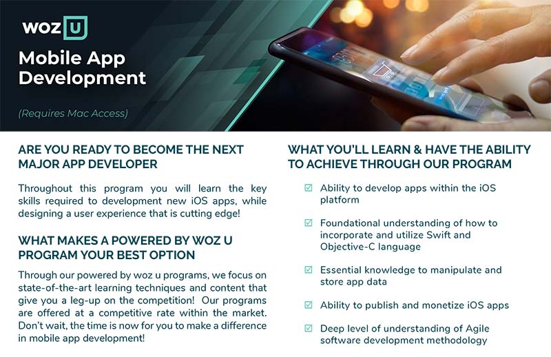 Marketing flyer explaining software development training through Powered by WOZ university partners