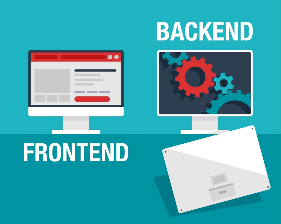 A vector image depicting the differences between front-end and back-end development.