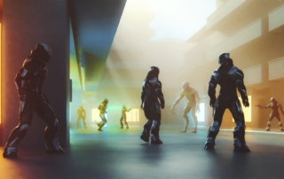 Cyborgs and aliens in a futuristic building