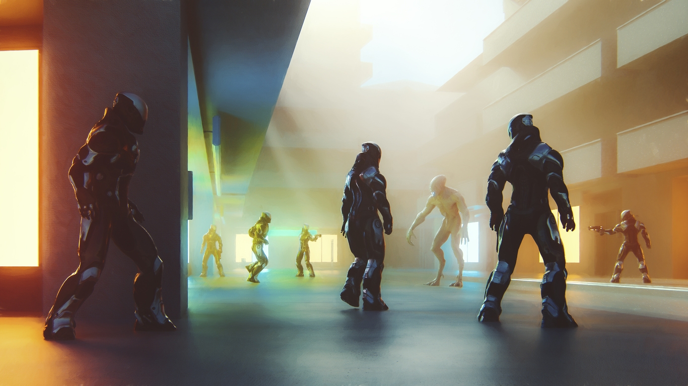 Cyborgs and aliens in a futuristic building